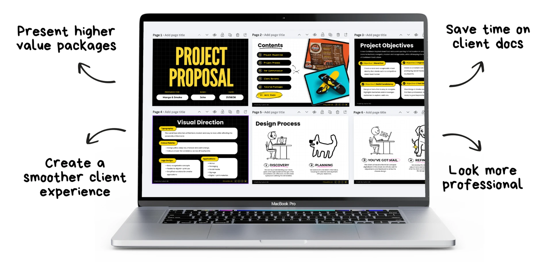 Client Project Pack proposal mockups — present higher-value packages, save time on client docs, create a smoother client experience and look more professional