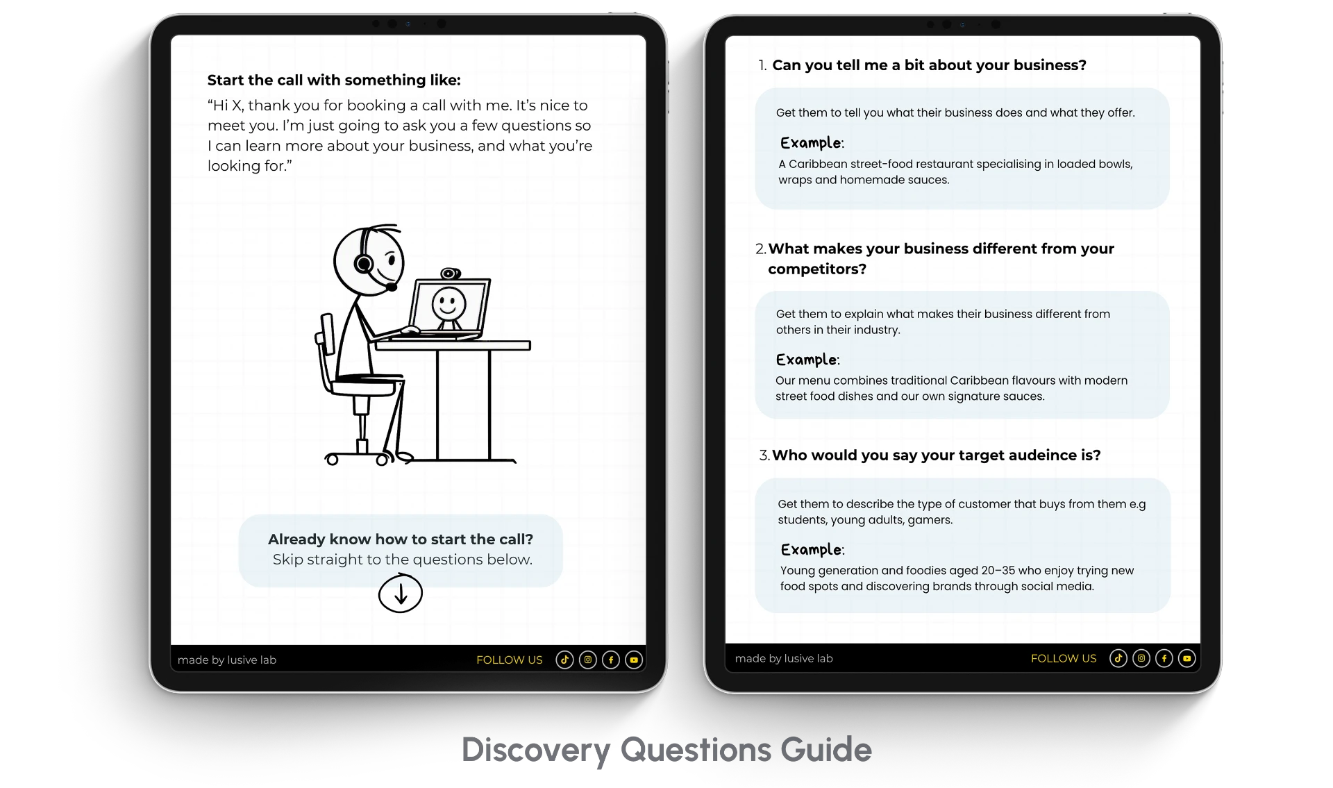 Discovery Questions Guide inside the Client Project Pack — call scripts and example questions